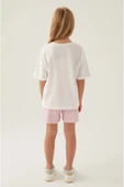 ARNETTA Lisanslı L1703 Patterned T-shirt Ve Şort Alt Üst Kız Çocuk Takımı Krem thumbnail 5