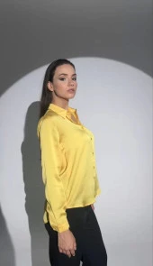 Kadın Uzun Kollu Düğmeli Buluz Gömlek - Sarı - 3