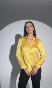 Kadın Uzun Kollu Düğmeli Buluz Gömlek - Sarı - 5