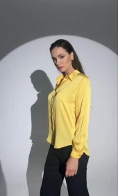 Kadın Uzun Kollu Düğmeli Buluz Gömlek - Sarı - 6