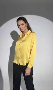 Kadın Uzun Kollu Düğmeli Buluz Gömlek - Sarı - 7