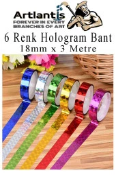 Renkli Hologram Bant 6 Renk 1 Paket 18mm x 3 Metre Yaldızlı Metalik Desenli Fosforlu Hologram Bant Hobi Tasarım - 4