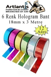 Renkli Hologram Bant 6 Renk 12 Adet 18mm x 3 Metre Yaldızlı Metalik Desenli Fosforlu Hologram Bant Hobi Tasarım - 1