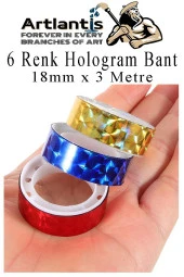 Renkli Hologram Bant 6 Renk 12 Adet 18mm x 3 Metre Yaldızlı Metalik Desenli Fosforlu Hologram Bant Hobi Tasarım - 5