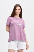 Kadın Baskılı Kısa Kollu Arka Oval Bisiklet Yaka Tişört Mor  2XL MOR - 1