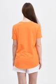 Kadın Baskılı Kısa Kollu Arka Oval Bisiklet Yaka Tişört Mor  M ORANJ - 3