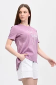 Kadın Baskılı Kısa Kollu Arka Oval Bisiklet Yaka Tişört Mor  2XL MOR - 2