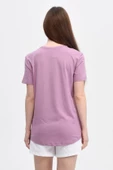Kadın Baskılı Kısa Kollu Arka Oval Bisiklet Yaka Tişört Mor  2XL MOR - 3