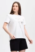 Kadın Baskılı Kısa Kollu Arka Oval Bisiklet Yaka Tişört Mor  XL BEYAZ - 3
