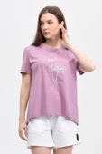 Kadın Baskılı Kısa Kollu Arka Oval Bisiklet Yaka Tişört Mor  2XL MOR - 5