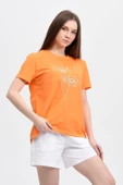 Kadın Baskılı Kısa Kollu Arka Oval Bisiklet Yaka Tişört Mor  XL ORANJ - 4