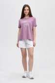 Kadın Baskılı Kısa Kollu Arka Oval Bisiklet Yaka Tişört Mor  XS SU YEŞİLİ thumbnail 1