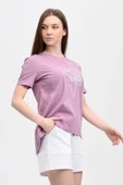 Kadın Baskılı Kısa Kollu Arka Oval Bisiklet Yaka Tişört Mor  XL KAR MELANJ thumbnail 3