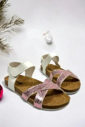 Beyaz Cırt Cırtlı Çapraz Kız Çocuk Sandalet - 1