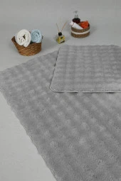 Modern Bubble Yıkanabilir Kaymaz Peluş Banyo Paspası Halısı 2'li Klozet Takımı 60x100-50x60cm Gri - 3