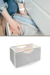 Flosoft Çok Amaçlı Kutu, Dolap Raf Düzenleyici, Dekoratif Ahşap Saplı Saklama Kutusu 32x17x18 cm - 4