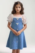 Kız Çocuk Yakası ve Kolları Dantel İşlemeli Balon Kollu Mavi Kot Elbise thumbnail 6