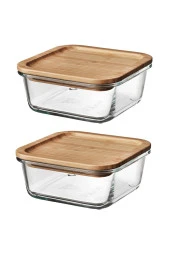 2 Adet Bambu Kapaklı Cam Saklama Kabı Kare Kase 15 cm 600 ml - 1