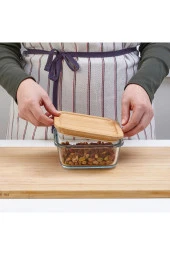 2 Adet Bambu Kapaklı Cam Saklama Kabı Kare Kase 15 cm 600 ml - 2