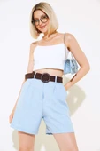 Kemerli Keten Şort Mavi thumbnail 1