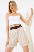 Kemerli Keten Şort Bej thumbnail 1