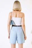 Kemerli Keten Şort Mavi thumbnail 3