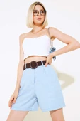 Kemerli Keten Şort Mavi thumbnail 2