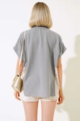 Dantelli Kısa Kol Keten Gömlek Gri - 3