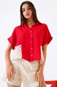 Dantelli Kısa Kol Keten Gömlek Kırmızı - 2