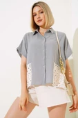 Dantelli Kısa Kol Keten Gömlek Gri - 2