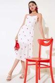 Çiçekli Askılı Şifon Elbise Ekru Kırmızı thumbnail 2