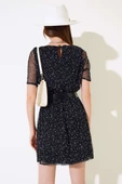 Puantiyeli Kemerli Mini Elbise Siyah thumbnail 3