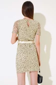 Puantiyeli Kemerli Mini Elbise Bej thumbnail 3