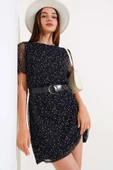 Puantiyeli Kemerli Mini Elbise Siyah thumbnail 2