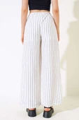 Çizgili Bel Lastikli Keten Pantolon Beyaz thumbnail 3