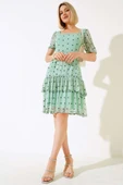 Kare Yaka Mini Çiçekli Tül Elbise Mint thumbnail 2