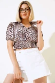 Gipeli Saten Leopar Desen Bluz Latte thumbnail 2