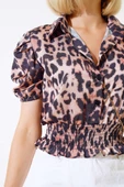 Gipeli Saten Leopar Desen Bluz Kahve - 4