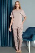 Çiçek Nakışlı Kısa Kol Pijama Takımı Pudra - 1