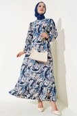 Karışık Desen Kuşaklı Elbise İndigo thumbnail 1