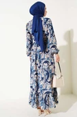 Karışık Desen Kuşaklı Elbise İndigo thumbnail 3