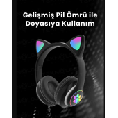 Kablosuz Kedi Kulaklık Işıklı Kulaküstü Mikrofonlu Bluetooth Hafıza Kartı Girişli Çocuk Kulaklığı thumbnail 4