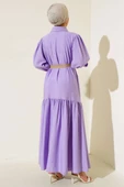 Hasır Kemerli Yarım Düğmeli Elbise Lila thumbnail 3