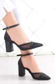 Erkan Saçmacı Millie Siyah Saten Fileli Kalın Topuklu Abiye Ayakkabı thumbnail 1