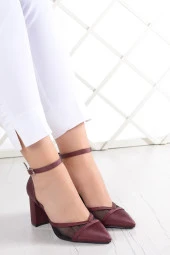 Erkan Saçmacı Millie Bordo Saten Fileli Kalın Topuklu Abiye Ayakkabı thumbnail 3