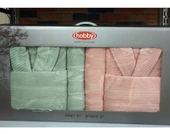 Hobby Casual %100 Saf Pamuk Aile Bornoz Seti-Pembe Su Yeşili - 2