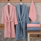 Hobby Casual %100 Saf Pamuk Aile Bornoz Seti-Pembe Mavi - 1