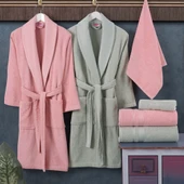 Hobby Casual %100 Saf Pamuk Aile Bornoz Seti-Pembe Su Yeşili - 1