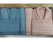 Hobby Casual %100 Saf Pamuk Aile Bornoz Seti-Pembe Mavi - 2