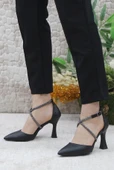 Feles 18-444 Çapraz  Şerit Taşlı Abiye Kadın Topuklu Ayakkabı Stiletto - 9